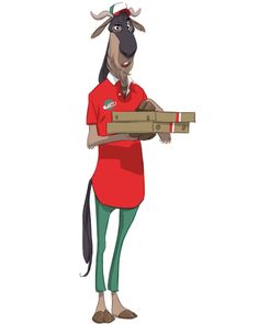 a goat is holding a pizza box in its hands and wearing a red shirt, green pants