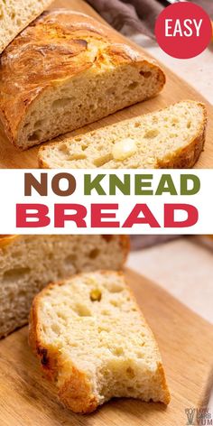 no knead bread on a cutting board with text overlay