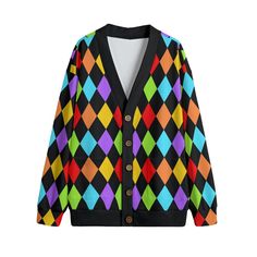 Free shipping worldwide  Fleece lined knitted fabric printed in black with rainbow diamond pattern. Great for people who work with children, and those who are children at heart. ● Fabric: Hacci Fleece (100% polyester) ● Regular fit ● V-neck cardigan with button closure ● Fabric weight: 290g/m² ● Care Instruction: machine wash cold with similar colors, do not bleach, tumble dry low, do not iron, do not dry clean. ● Notice: a variety of factors may cause slight differences between the actual produ Long Sleeve Argyle Pattern Cardigan, Multicolor V-neck Cotton Cardigan, Multicolor Cotton V-neck Cardigan, Casual Long Sleeve Argyle Outerwear, Long Sleeve Multicolor Cotton Cardigan, Winter Multicolor Cotton Cardigan, Multicolor Cotton Cardigan For Winter, Clown Sweater, Rainbow Clown