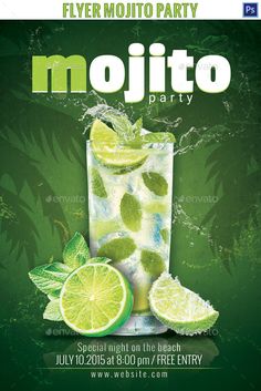 a flyer for a mojito party with lime slices and mints