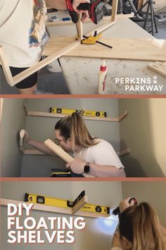 three pictures showing how to make shelves with plywood