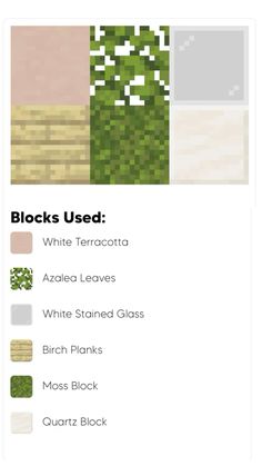 an image of some plants that are in the same color scheme, and text reads blocks used white terracotta azalea leaves white stained glass birch planks moss moss moss