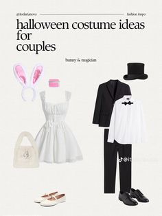 an article about halloween costumes for couples with bunny ears on the front and black tuxedo on the back