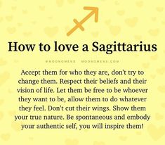 a yellow background with the words how to love a sagittarius