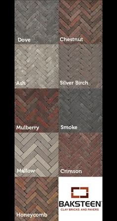 the different types of herringbone tiles in various colors and sizes, all with their names