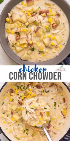 chicken corn chowder in a skillet with text overlay