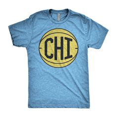 a blue t - shirt with the word ch in black and yellow letters on it