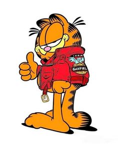 the garfield cat is giving thumbs up with his back pack on it's shoulder