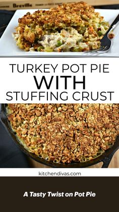 turkey pot pie with stuffing crust in a cast iron skillet