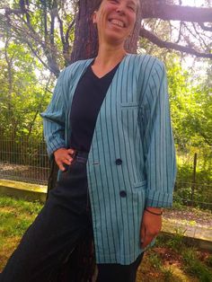 "Vintage 80s suit jacket. Double breasted striped cotton summer jacket. Magic mint black striped not lined suit jacket. Size M-L From shoulder to shoulder 17\" 43cm Bust 40\" 102cm Length 30\" 76cm Sleeve length 22\" 56cm In good vintage condition. One fabric defect between the buttons, see the last photo." Pinstripe Cotton Blazer For Workwear, Pinstripe Cotton Blazer For Work, Spring Pinstripe Blazer, Formal Striped Cotton Blazer, Casual Pinstripe Long Sleeve Blazer, Striped Cotton Blazer For Formal Occasions, Spring Cotton Pinstripe Blazer, Vintage Striped Workwear Blazer, Vintage Striped Blazer For Workwear