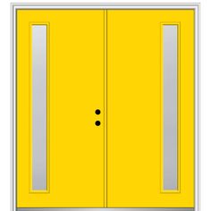 a yellow door with two glass panels on the front and side doors, both closed