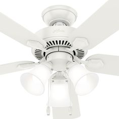 a white ceiling fan with three light bulbs