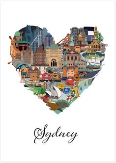 a heart shaped poster with the words sydney in it