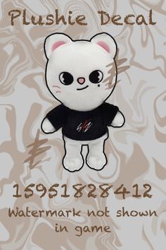 a white teddy bear wearing a black shirt with the words pushie deal on it