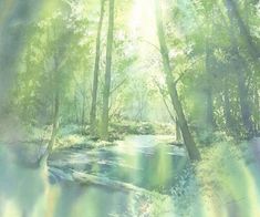 the sun shines brightly through the trees in this painting