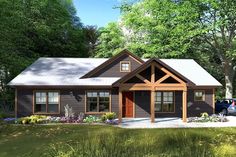 this is a computer rendering of the front elevation of a small cabin style house plan