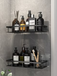 two black shelves filled with different types of bathroom items