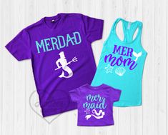 three shirts with mermaids on them and the words meridad, meri nau