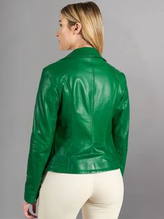 Green Leather Biker Jacket With Long Sleeves, Fitted Green Leather Jacket, Green Leather Biker Jacket For Spring, Green Spring Biker Leather Jacket, Green Moto Leather Jacket With Long Sleeves, Green Biker Jacket For Spring, Green Biker Leather Jacket For Fall, Fitted Green Moto Biker Jacket, Fitted Moto Biker Jacket In Green