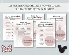 the disney inspired bridal shower games are shown