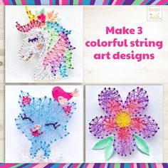 three pictures of colorful string art designs with text that reads make 3 colorful string art designs