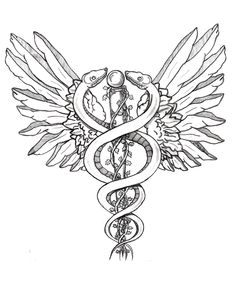 a cadus tattoo design with wings and snakes