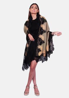 Crafted from a luxurious blend of wool and silk, this Natural scarf offers cozy warmth and sophistication. The stunning intertwined double-colored floral lace border in black and dark gold creates a captivating visual contrast. Style yourself with this gorgeous accessory that epitomizes opulence whilst adding a touch of refined beauty to any evening out. Gold Shawl For Fall, Elegant Black Shawl For Fall, Formal Fall Shawl, Elegant Lace Shawl For Winter, Elegant Gold Shawl For Winter, Elegant Winter Lace Shawl, Elegant Embroidered Silk Shawl Scarf, Black Embroidered Pashmina Shawl, Cream Embroidered Shawl Scarf