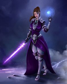 a woman in a purple dress holding a light saber and standing on a cloud covered ground