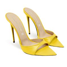 Pointed toe sandal in leather with front band. 100mm or 120mm stiletto heel  Upper: Leather Interior: Genuine leather Fit: Regular Non-slip sole Point: Pointed  100% Made in Italy handcrafted women's footwear Yellow Heels, Yellow Leather, Toe Sandals, Women's Footwear, Pump Sandals, Lace Boots, Leather Interior, Stiletto Heel, Stiletto Heels