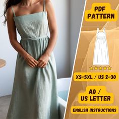 Create your own elegant summer dress with this PDF sewing pattern for a Square Neck Maxi Dress. Featuring delicate spaghetti straps, a flattering square neckline, and a flowy silhouette, this design is perfect for warm weather and any occasion. Available in sizes XS-5XL, this pattern is beginner-friendly and includes all necessary instructions to guide you through the sewing process. Whether you're crafting a casual daytime look or a chic evening outfit, this dress offers endless versatility. Th Casual Fitted Summer Sewing Pattern, Fitted Cotton Sewing Pattern For Summer, Casual Summer Cotton Sewing Pattern, Elegant Summer Dresses, Flowy Summer Dresses, Linen Maxi Dress, Maxi Robes, Evening Outfits, Strap Dress