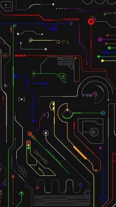 an abstract black background with colorful lines and dots in the shape of a circuit board