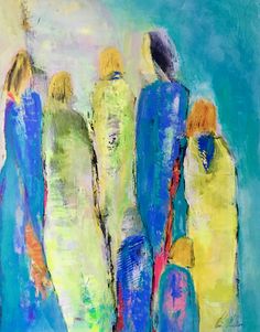 an abstract painting of four people in blue, yellow and green clothing with one person holding the other's hand