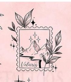 a stamp with leaves and stars on it, next to a drawing of a bird