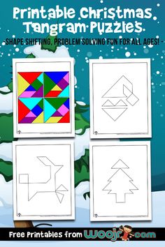 three christmas themed puzzles with the text, printable christmas tangram puzzles shape shifting problem solve