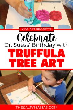 kids making art projects with the text celebrate dr suess birthday with trufa tree art