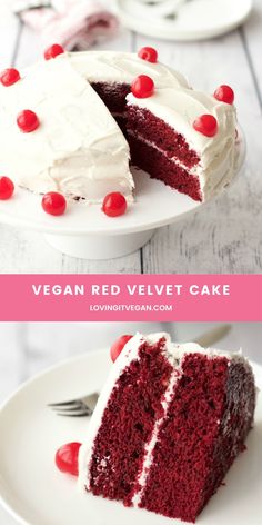 a slice of vegan red velvet cake with white frosting and cherries