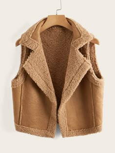 Camel Casual  Sleeveless Suede Plain Teddy  Non-Stretch Winter Women Outerwear Waistcoat Designs, Waistcoat Fashion, Balmain Jacket, Blazer Outfits Casual, Fashion Design Template, Casual Outfits For Teens, Suede Vest, Women Outerwear