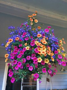 a bunch of flowers that are hanging from a pole in front of a house,