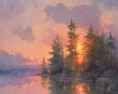 a painting of the sun setting over a lake with trees on it and clouds in the sky