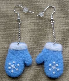 two blue mittens with snowflakes on them hanging from silver earwires