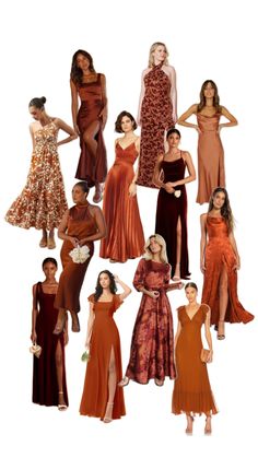 a group of women standing next to each other wearing dresses and gowns in different colors