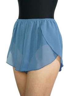 a women's blue skirted panties with an attached waist band and black top