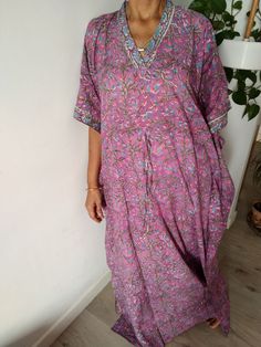 Cotton kaftan Traditional Spring Loungewear Dresses, Bohemian Long Dresses For Loungewear, Traditional Tunic Dress For Loungewear, Cotton Short Sleeve Kaftan For Beach, Bohemian V-neck Beach Dress For Loungewear, Oversized Short Sleeve Kaftan For Festivals, Festival Oversized Short Sleeve Kaftan, Traditional Loungewear Dresses With Kimono Sleeves, Bohemian Short Sleeve Relaxed Fit Kaftan