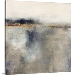 an abstract painting with grey and white colors on the water, including trees in the distance