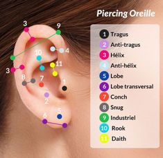 an ear with different numbers and colors on the side of it, as well as dots