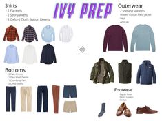 how to dress preppy for men. A visual guide showing clothing items for ivy prep classical men's style. Summer Ivy League Style, Ivy Mens Style, Ivy Prep Style, Ivy League Style Men, Preppy Capsule Wardrobe, Preppy Style Spring