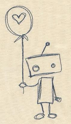 a drawing of a robot holding a balloon with a heart on it's string