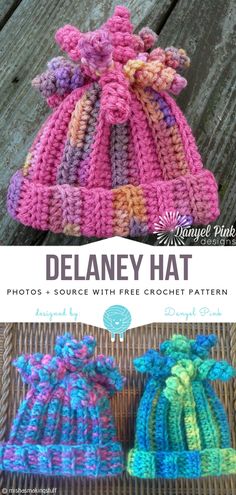 two crocheted hats with the words delaney hat on top and bottom