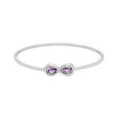 Remember that love lasts forever with this pretty gemstone bangle bracelet. Crafted in sterling silver A pear-shaped amethyst brightens one end of the infinity symbol centerpiece The infinity symbol secures over a pear-shaped amethyst set on the other end This flex bracelet is easy to put on and comfortable to wear Amethyst Bangle Bracelets For Anniversary, Purple Amethyst Bangle, Love Lasts Forever, Gemstone Bangle Bracelets, Open Bangle Bracelet, Amethyst Set, Gemstone Bangle, Open Bangle, Infinity Symbol