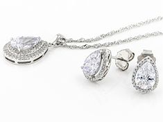 Bella Luce® 3.41ctw Pear Shape and Round White Diamond Simulants Rhodium Over Silver Pendant With Chain and 3.97ctw Pear Shape and Roundd White Diamond Simulants Rhodium Over Silver Earrings Set. Pendant Measures Approximately 2.5"L x 1.15"W, Earrings Measure approximately 1"L x 0.80"W, Push Backings. Chains measures 18"L, 2" Extender, Lobster Clasp. The Diamond Equivalent Weight is 5.00ctw. Classic Silver Jewelry Sets With Brilliant Cut, Classic Teardrop Jewelry Sets For Formal Occasions, Classic Cubic Zirconia Jewelry Sets With Diamond Cut, Classic Cubic Zirconia Diamond Cut Jewelry Sets, Classic Diamond Cut Cubic Zirconia Jewelry Sets, Classic Silver Jewelry Sets With Prong Setting, Classic Jewelry Sets With Diamond Accents For Anniversary, White Gold Prong Setting Jewelry Sets For Formal Occasions, Classic Crystal Jewelry Sets